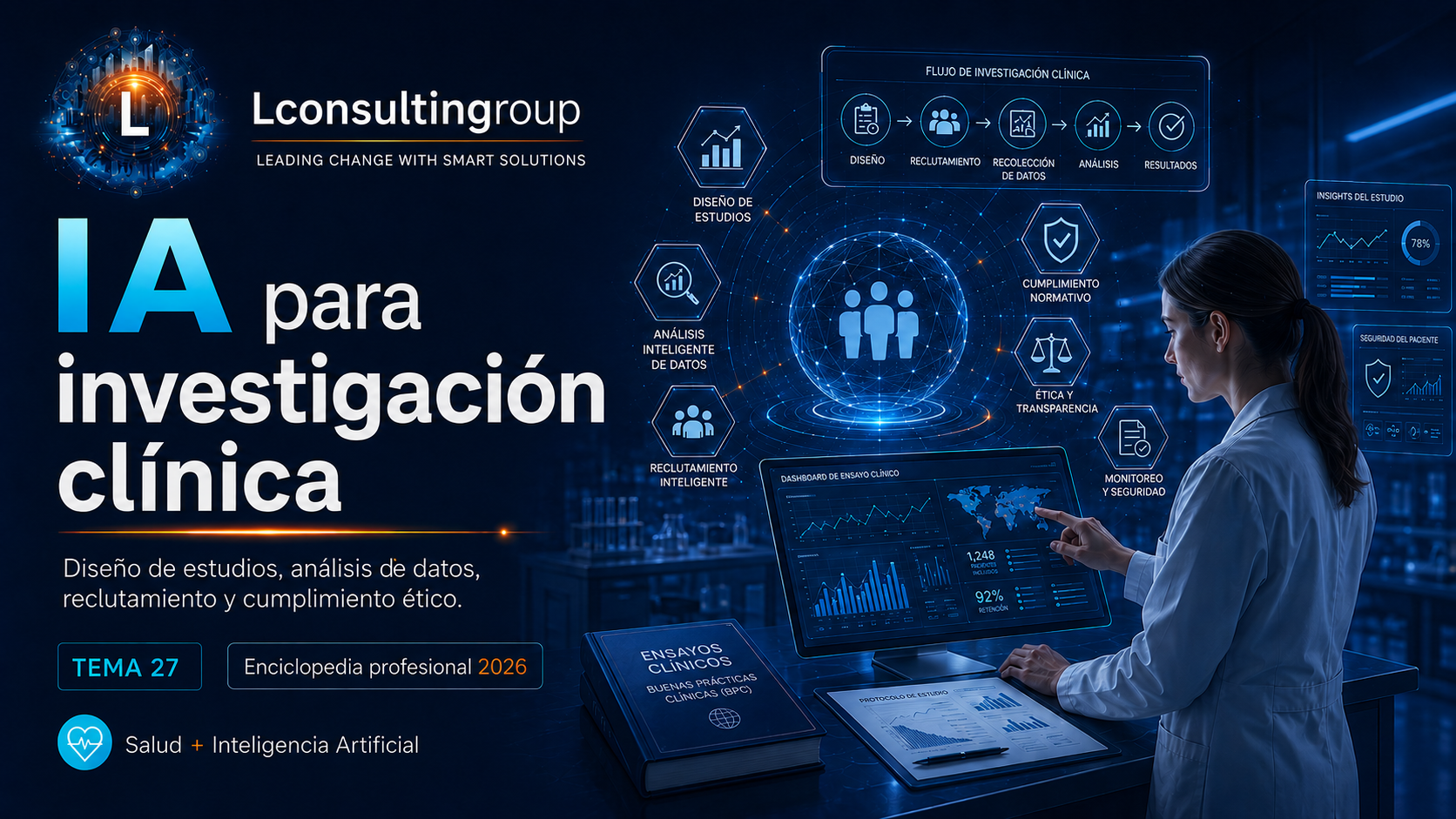Caratula de enciclopedia 27 ia para investigacion clinica lconsultingroup 2026 edicion ampliada