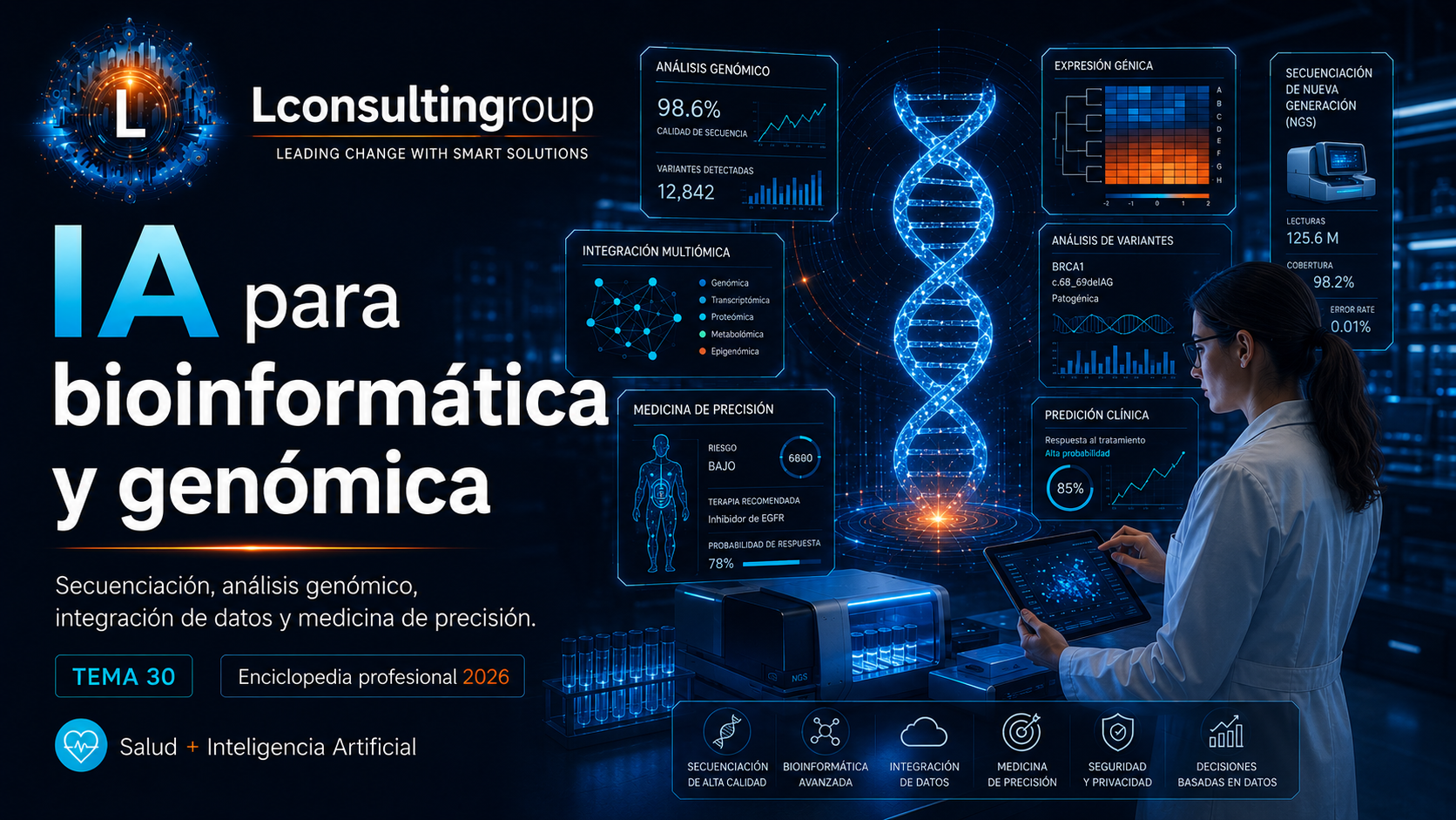Caratula de enciclopedia 30 ia para bioinformatica y genomica lconsultingroup 2026 edicion ampliada